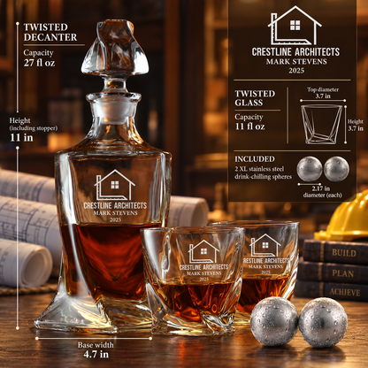 Construction Company Gifts – Twisted Decanter Set with 2 Glasses, 2 Whiskey Balls & Wooden Box – image 02