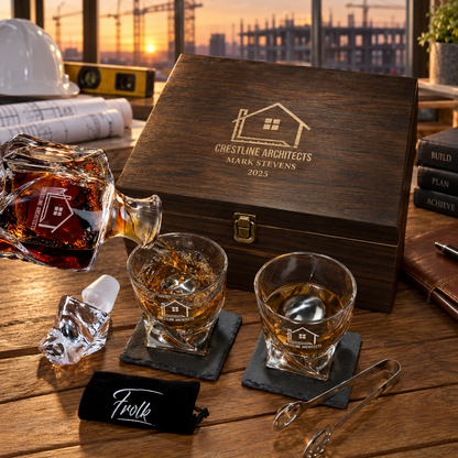 Construction Company Gifts – Twisted Decanter Set with 2 Glasses, 2 Whiskey Balls & Wooden Box – image 04