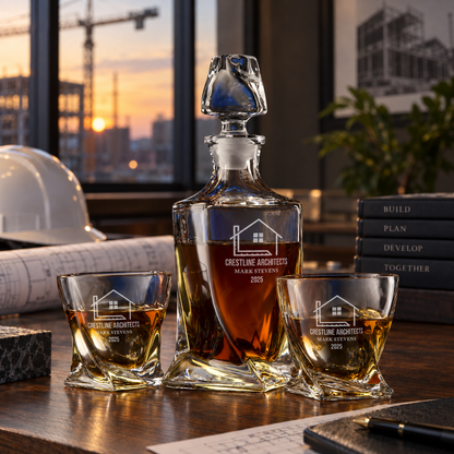 Construction Company Gifts – Twisted Decanter Set with 2 Glasses, 2 Whiskey Balls & Wooden Box – image 08