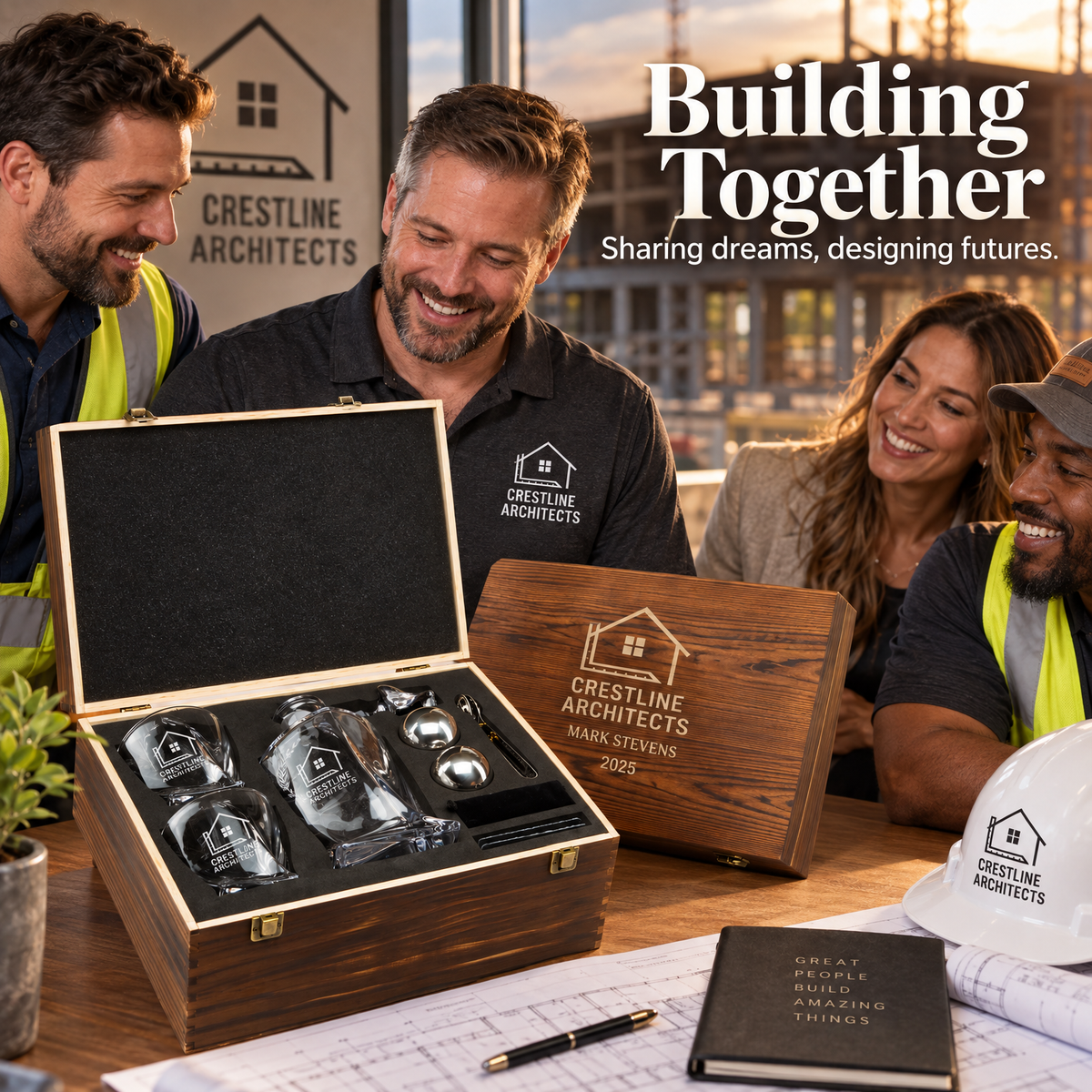Construction Company Gifts – Twisted Decanter Set with 2 Glasses, 2 Whiskey Balls & Wooden Box product image