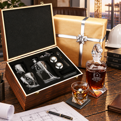 Construction Company Gifts – Twisted Decanter Set with 2 Glasses, 2 Whiskey Balls & Wooden Box – image 10