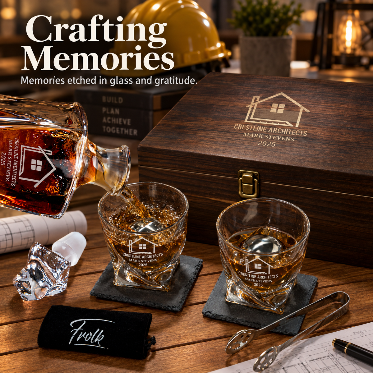 Construction Company Gifts – Twisted Decanter Set with 2 Glasses, 2 Whiskey Balls & Wooden Box – image 14