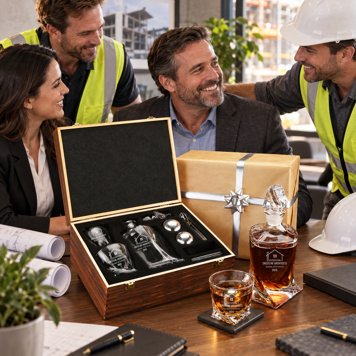 Construction Company Gifts – Twisted Decanter Set with 2 Glasses, 2 Whiskey Balls & Wooden Box product image