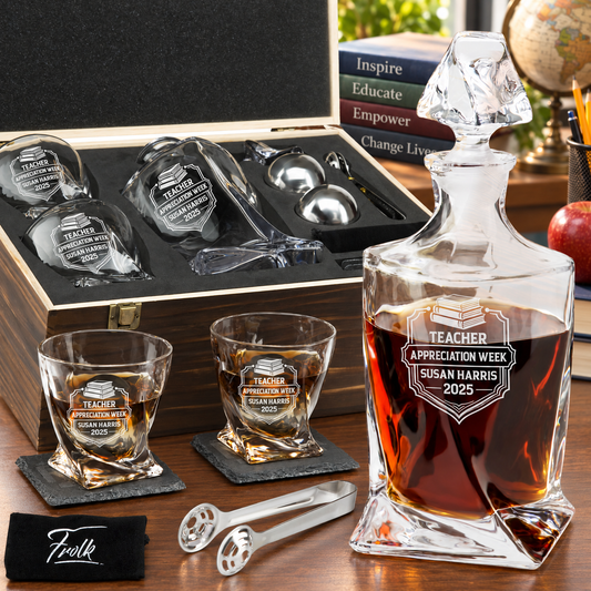 Education Company Gifts – Twisted Decanter Set with 2 Glasses, 2 Whiskey Balls & Wooden Box – image 01
