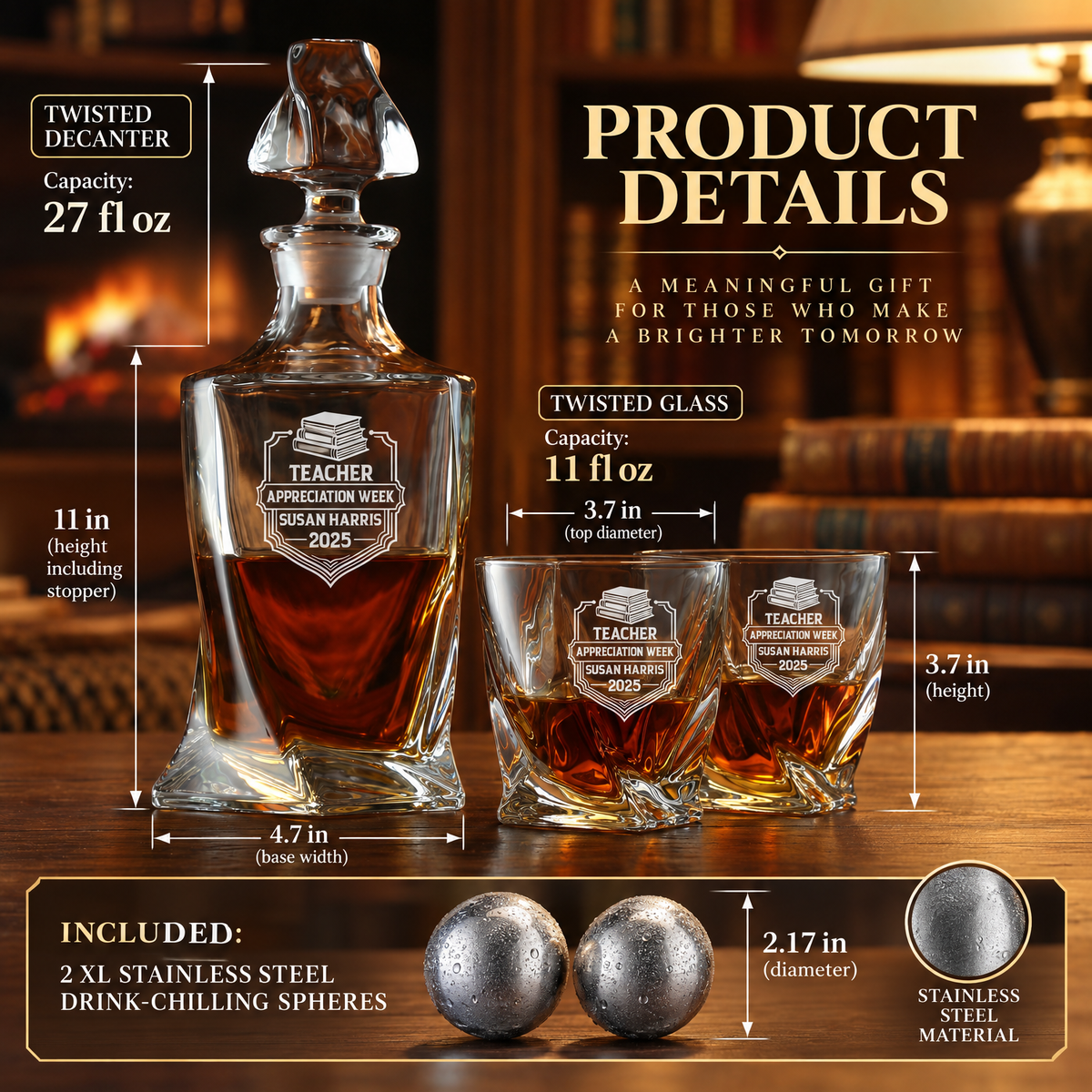 Education Company Gifts – Twisted Decanter Set with 2 Glasses, 2 Whiskey Balls & Wooden Box product image