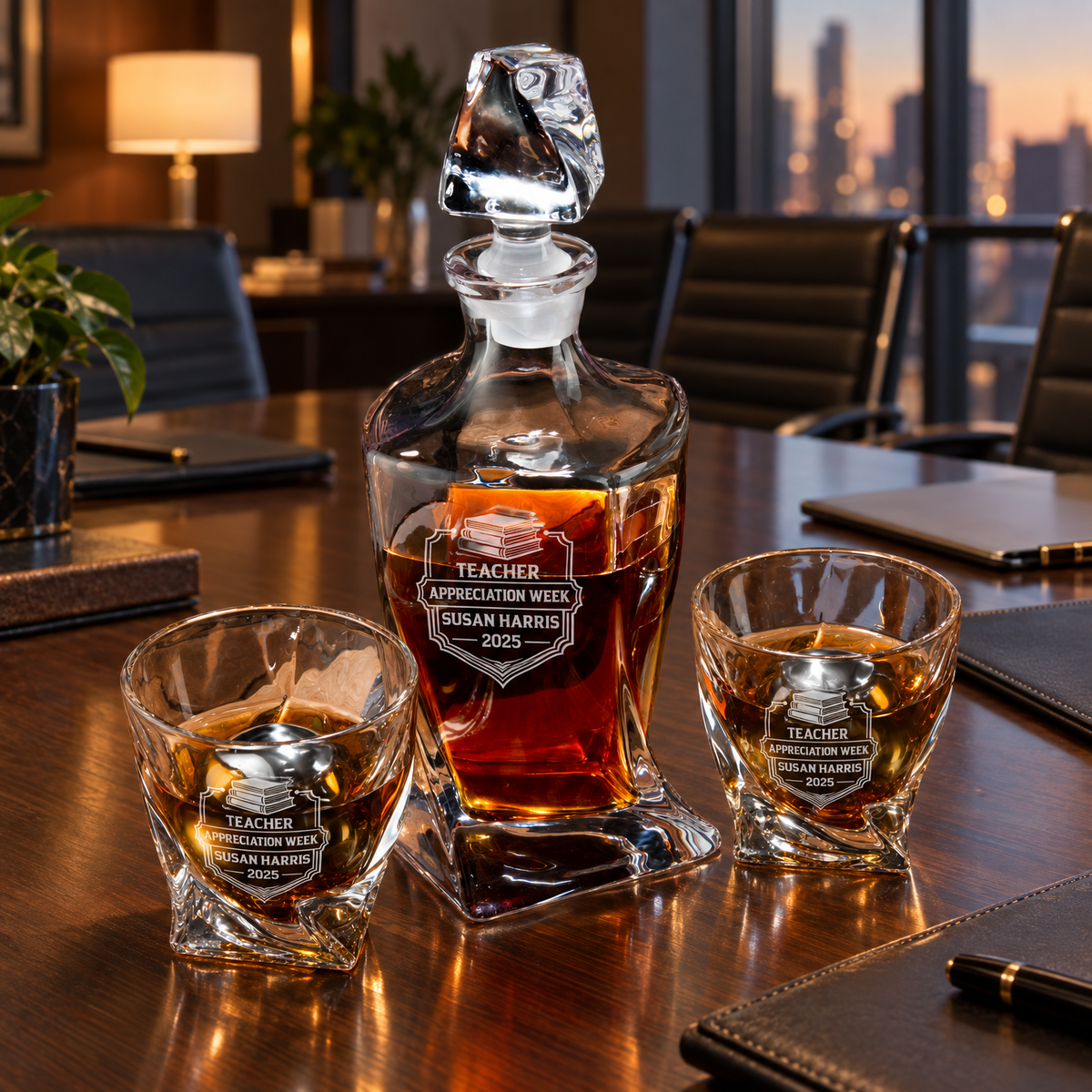 Education Company Gifts – Twisted Decanter Set with 2 Glasses, 2 Whiskey Balls & Wooden Box – image 06