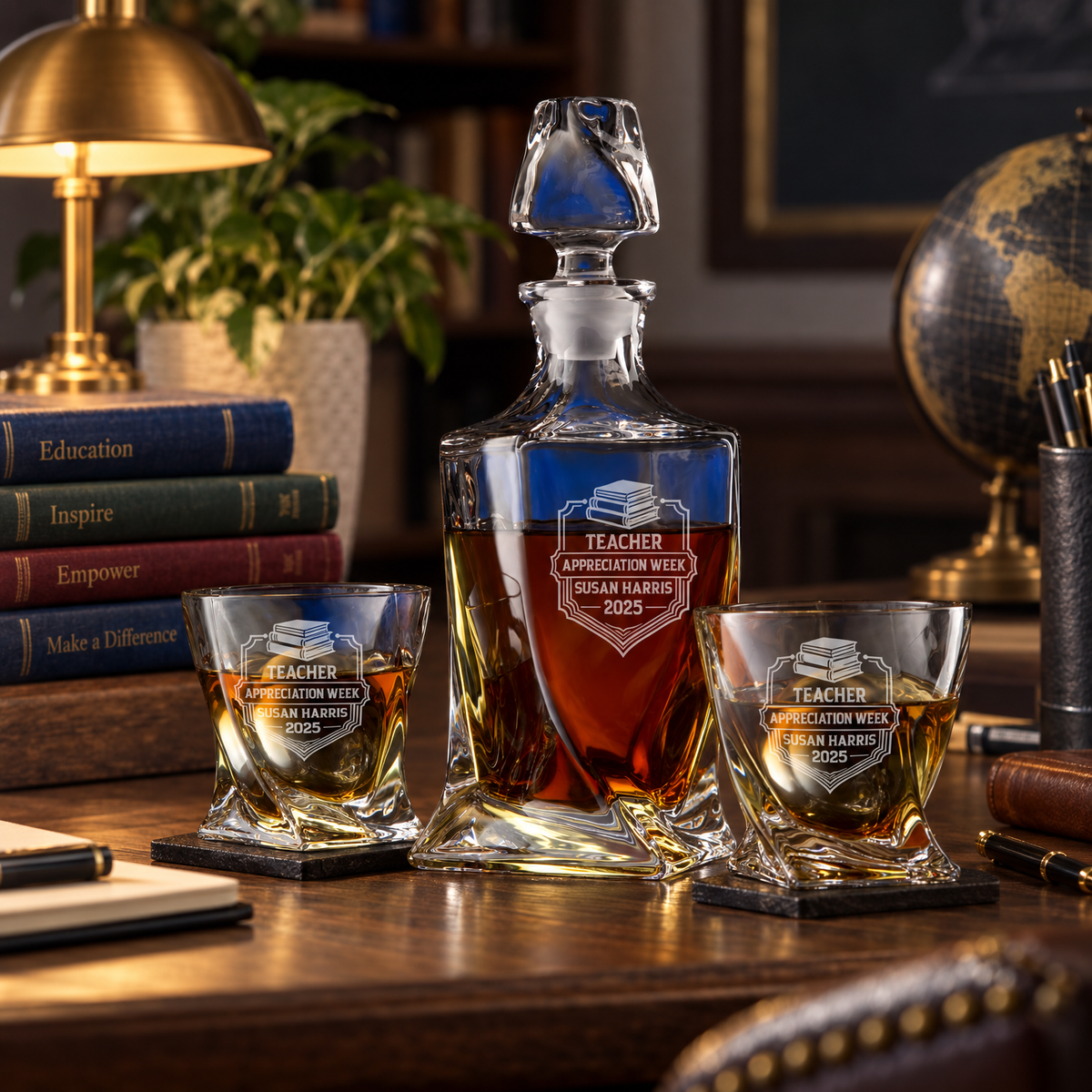 Education Company Gifts – Twisted Decanter Set with 2 Glasses, 2 Whiskey Balls & Wooden Box product image