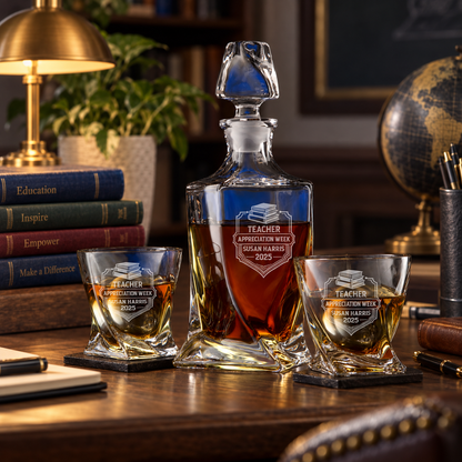 Education Company Gifts – Twisted Decanter Set with 2 Glasses, 2 Whiskey Balls & Wooden Box – image 08