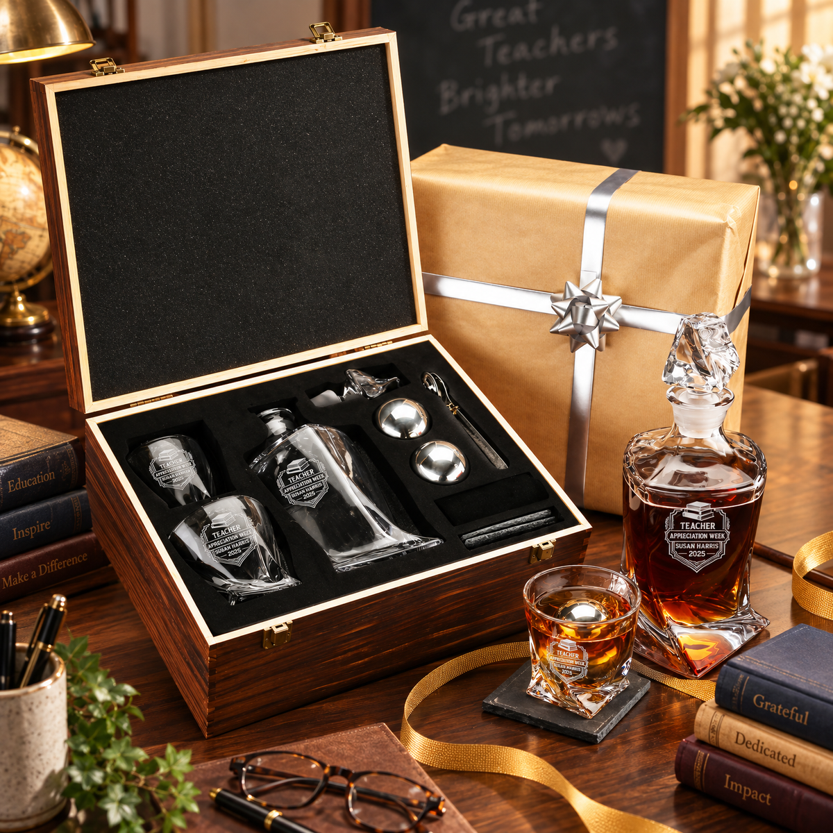 Education Company Gifts – Twisted Decanter Set with 2 Glasses, 2 Whiskey Balls & Wooden Box product image