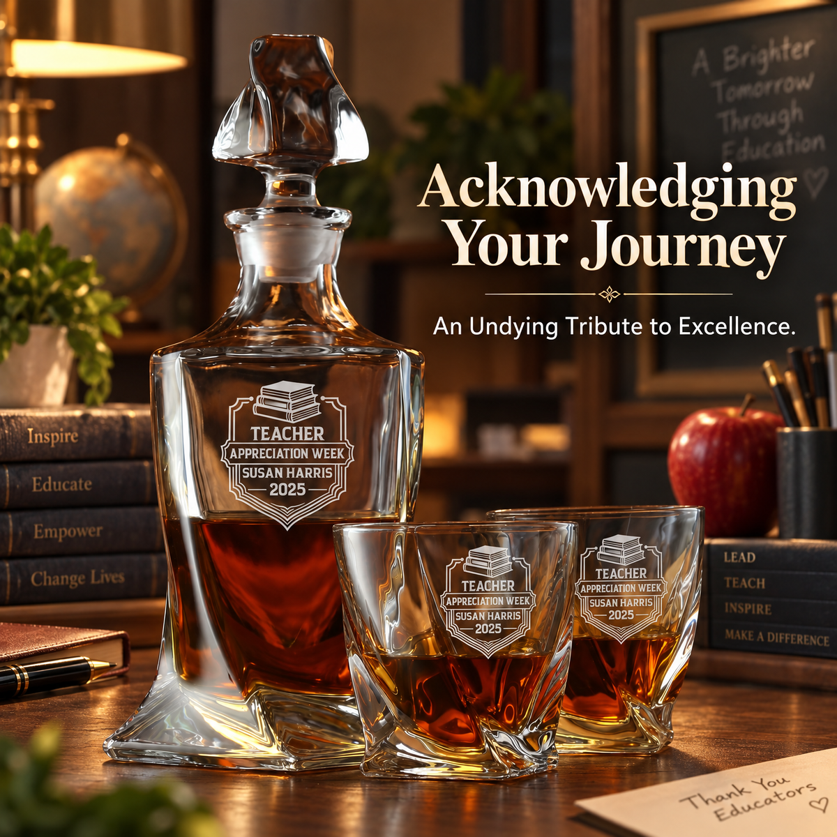 Education Company Gifts – Twisted Decanter Set with 2 Glasses, 2 Whiskey Balls & Wooden Box – image 12