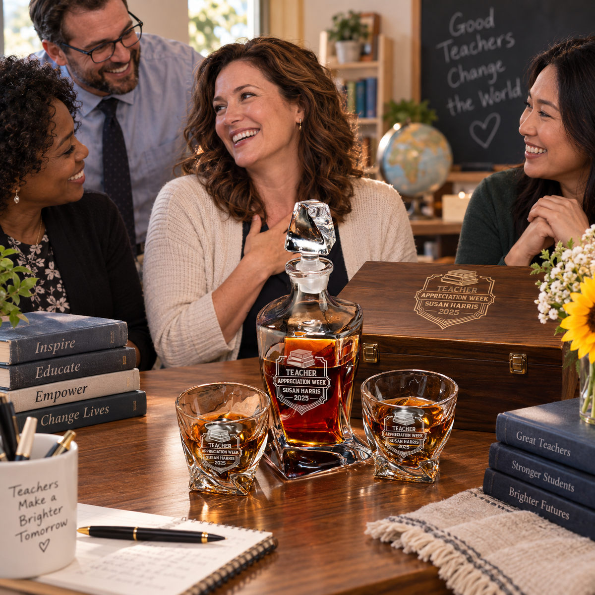 Education Company Gifts – Twisted Decanter Set with 2 Glasses, 2 Whiskey Balls & Wooden Box product image