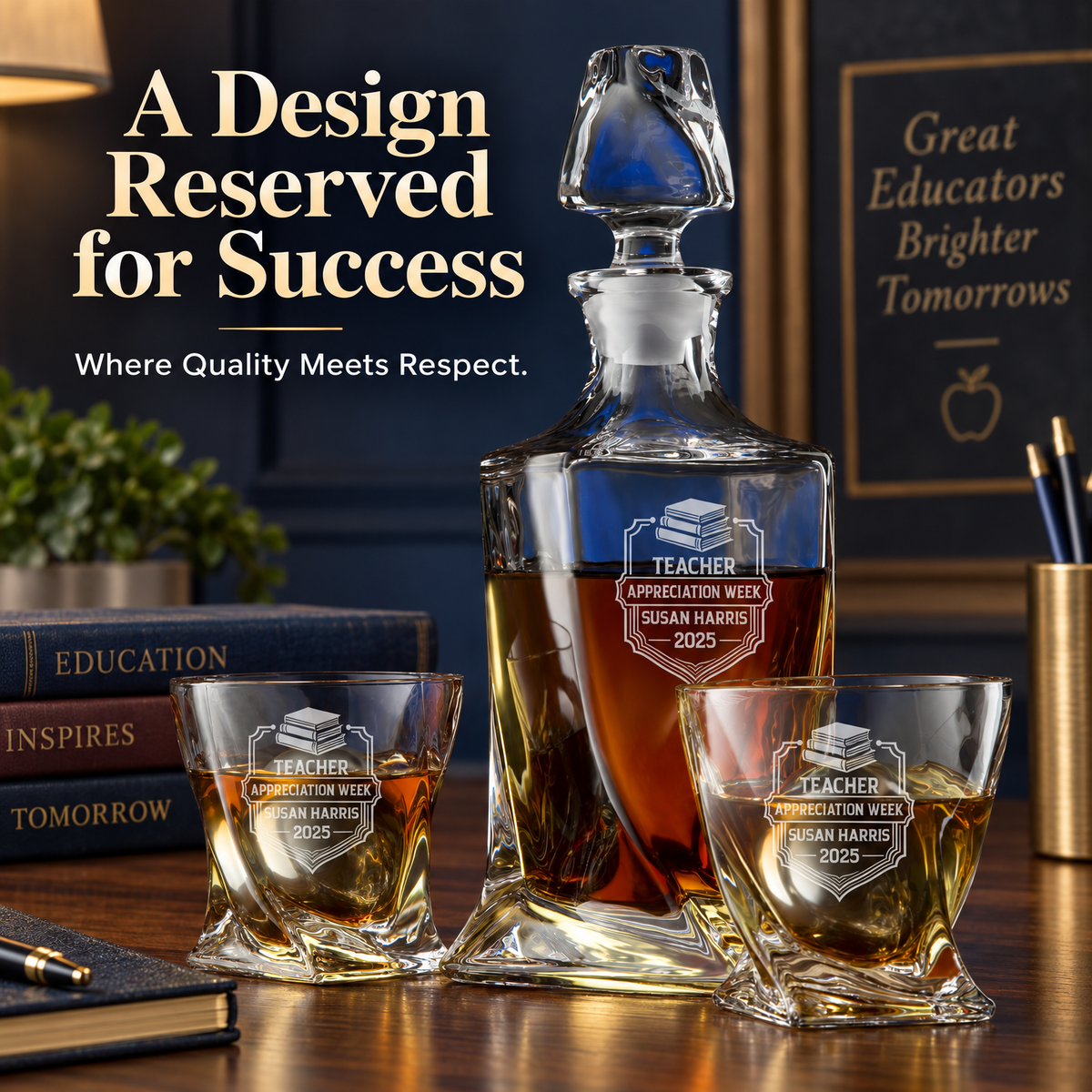 Education Company Gifts – Twisted Decanter Set with 2 Glasses, 2 Whiskey Balls & Wooden Box – image 16