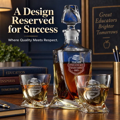 Education Company Gifts – Twisted Decanter Set with 2 Glasses, 2 Whiskey Balls & Wooden Box – image 16