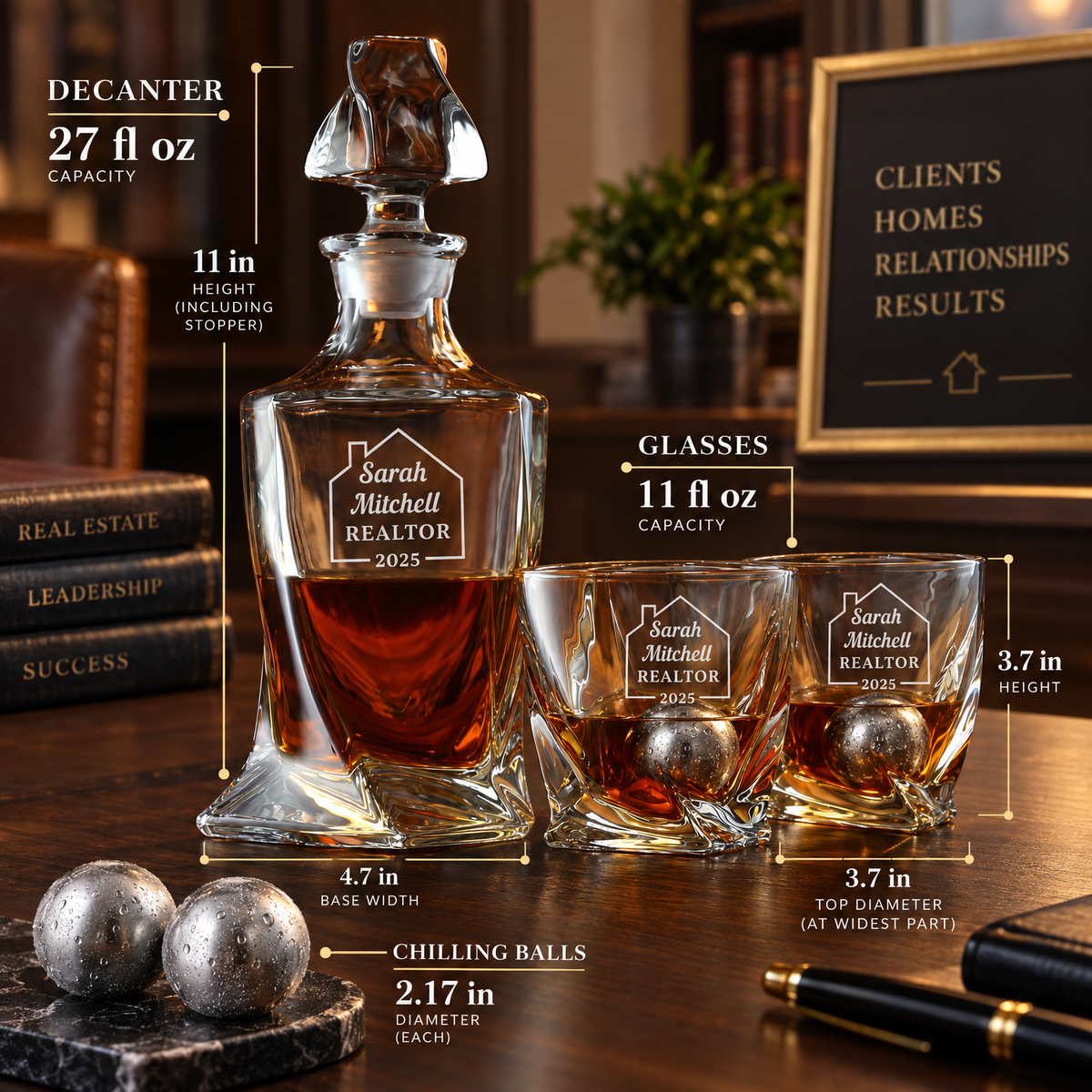 Real Estate Company Gifts – Twisted Decanter Set with 2 Glasses, 2 Whiskey Balls & Wooden Box product image