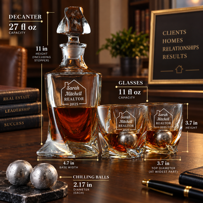 Real Estate Company Gifts – Twisted Decanter Set with 2 Glasses, 2 Whiskey Balls & Wooden Box – image 02
