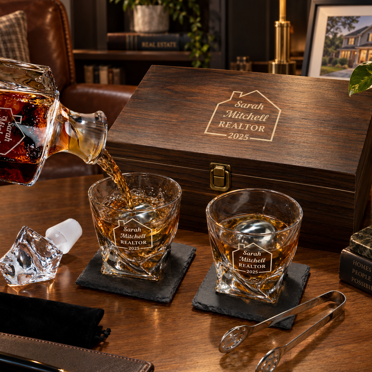 Real Estate Company Gifts – Twisted Decanter Set with 2 Glasses, 2 Whiskey Balls & Wooden Box product image