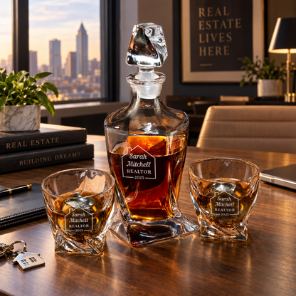 Real Estate Company Gifts – Twisted Decanter Set with 2 Glasses, 2 Whiskey Balls & Wooden Box – image 06