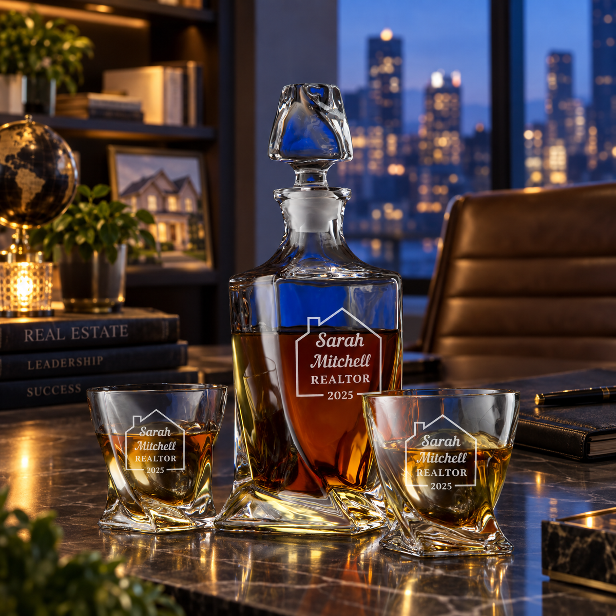 Real Estate Company Gifts – Twisted Decanter Set with 2 Glasses, 2 Whiskey Balls & Wooden Box – image 08