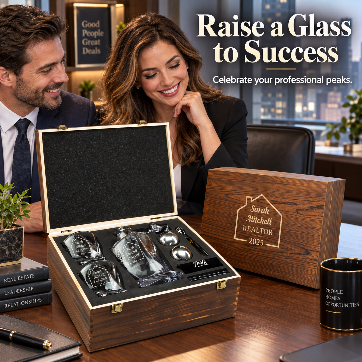 Real Estate Company Gifts – Twisted Decanter Set with 2 Glasses, 2 Whiskey Balls & Wooden Box – image 09