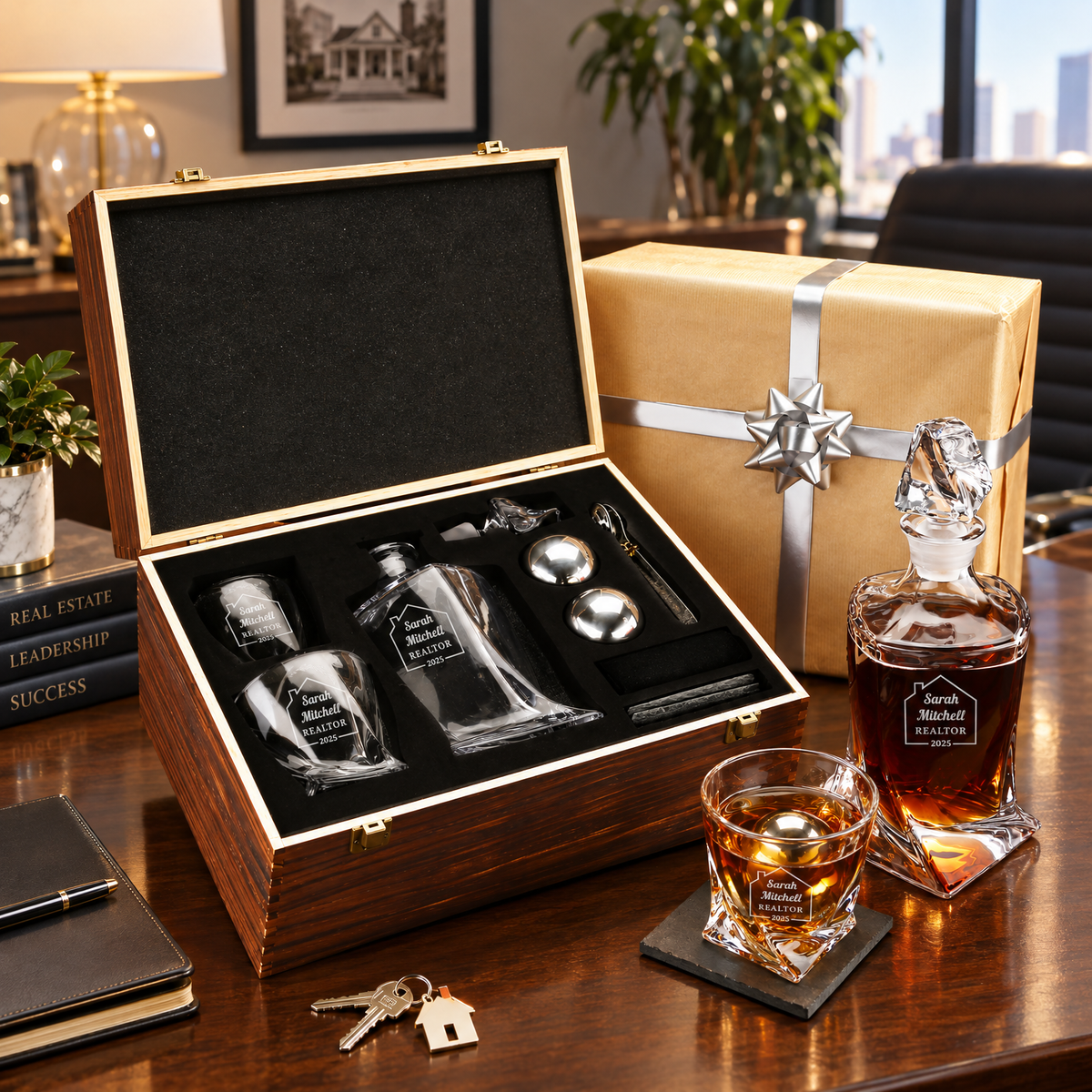 Real Estate Company Gifts – Twisted Decanter Set with 2 Glasses, 2 Whiskey Balls & Wooden Box product image