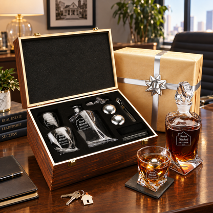 Real Estate Company Gifts – Twisted Decanter Set with 2 Glasses, 2 Whiskey Balls & Wooden Box – image 10