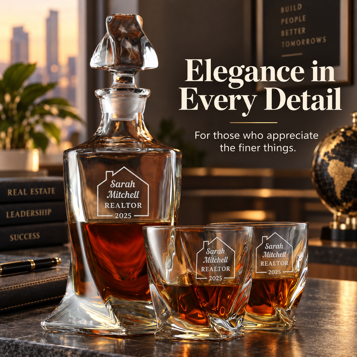 Real Estate Company Gifts – Twisted Decanter Set with 2 Glasses, 2 Whiskey Balls & Wooden Box – image 12