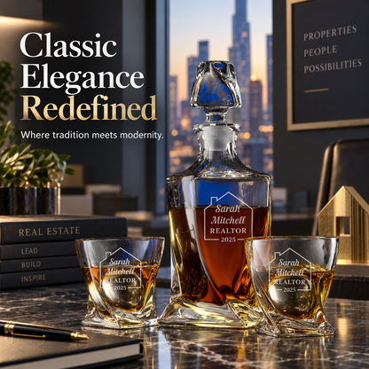 Real Estate Company Gifts – Twisted Decanter Set with 2 Glasses, 2 Whiskey Balls & Wooden Box – image 16