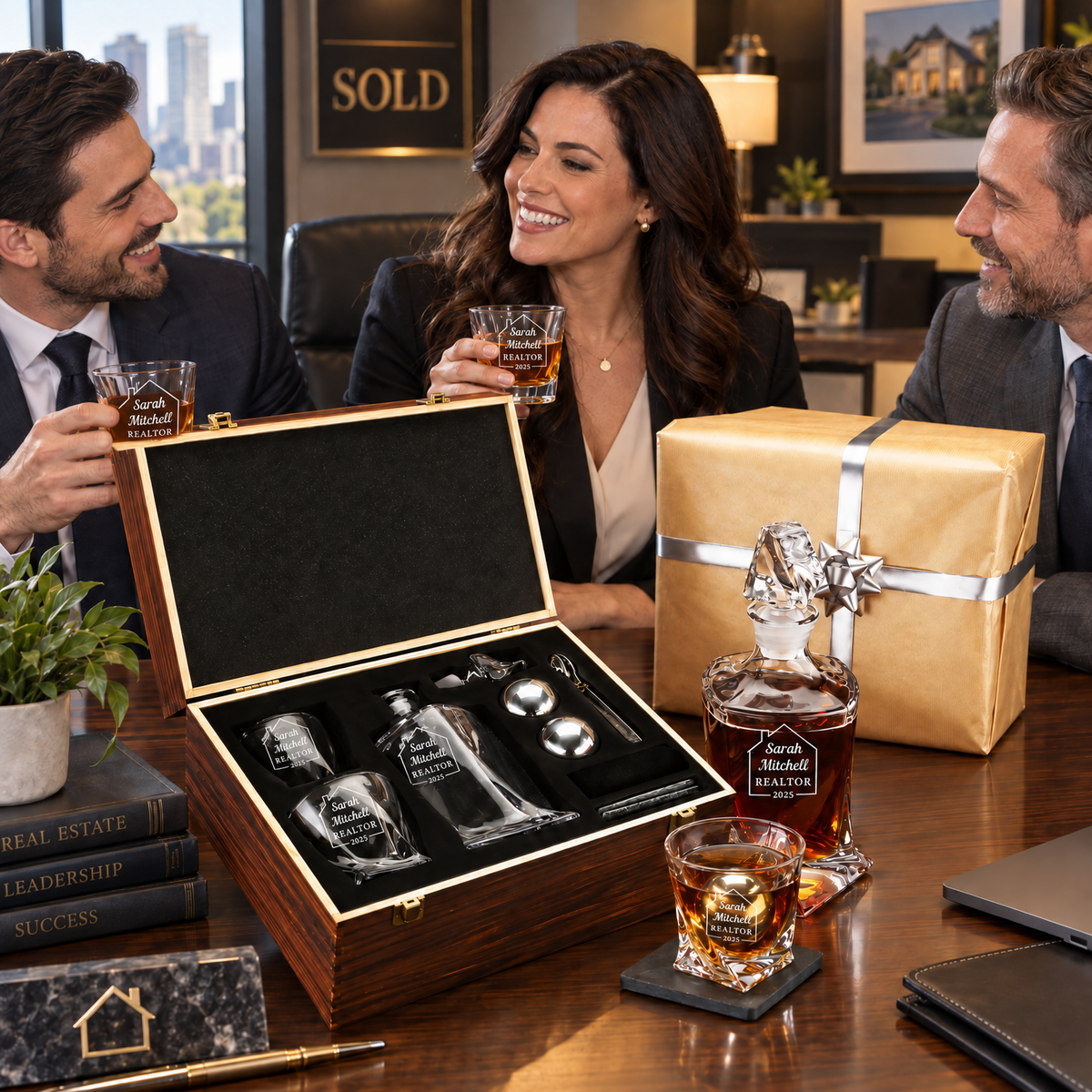 Real Estate Company Gifts – Twisted Decanter Set with 2 Glasses, 2 Whiskey Balls & Wooden Box product image