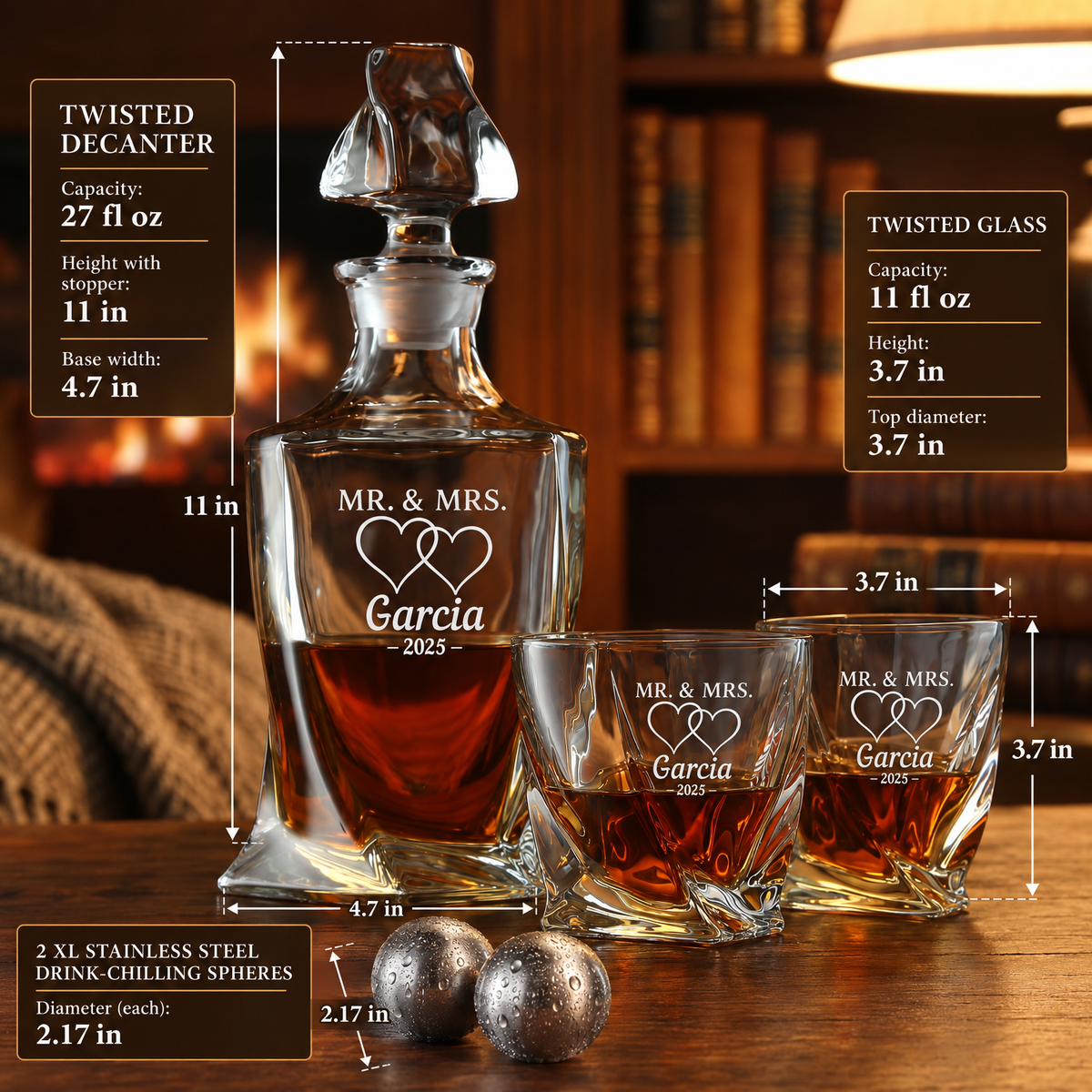 Family Gift – Twisted Decanter Set with 2 Glasses, 2 Whiskey Balls & Wooden Box product image