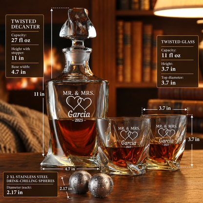 Family Gift – Twisted Decanter Set with 2 Glasses, 2 Whiskey Balls & Wooden Box – image 02