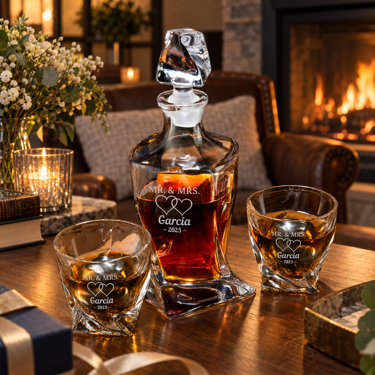 Family Gift – Twisted Decanter Set with 2 Glasses, 2 Whiskey Balls & Wooden Box product image