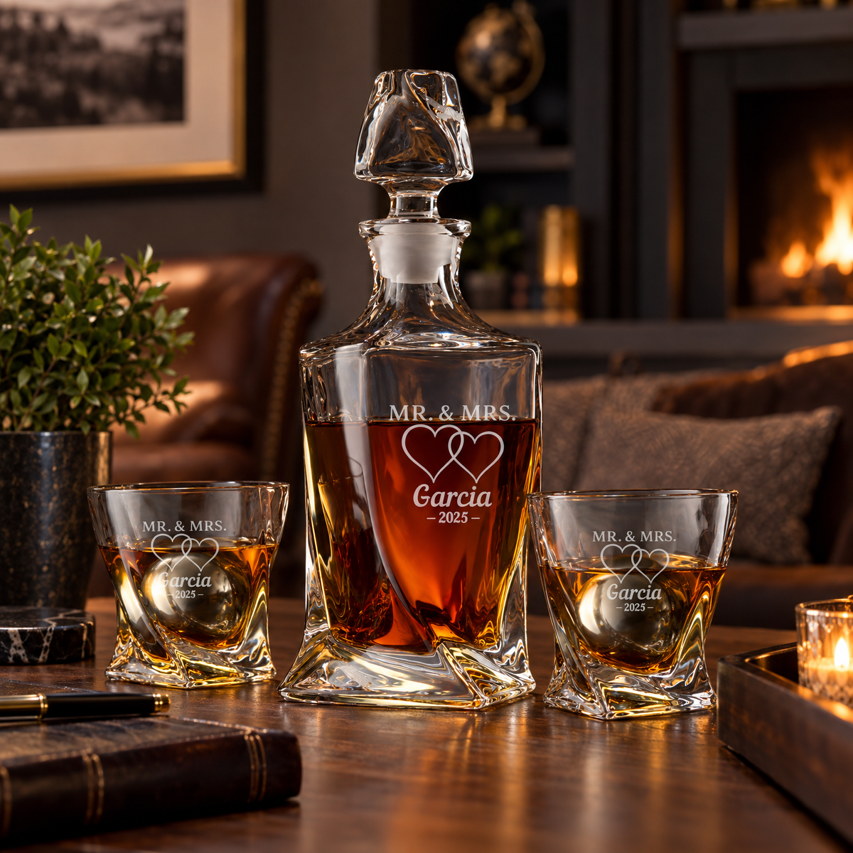 Family Gift – Twisted Decanter Set with 2 Glasses, 2 Whiskey Balls & Wooden Box product image