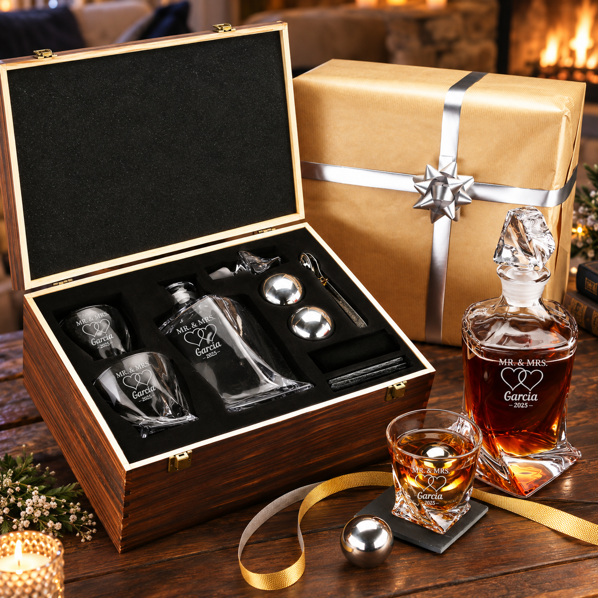 Family Gift – Twisted Decanter Set with 2 Glasses, 2 Whiskey Balls & Wooden Box – image 10