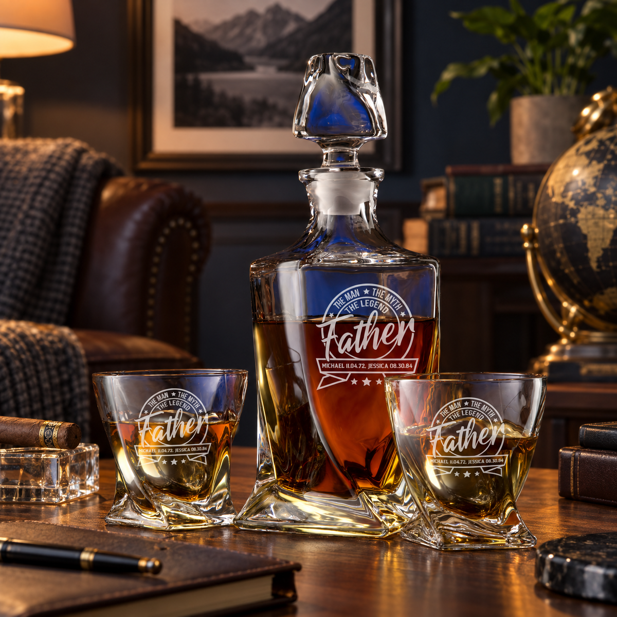 Gift for Father – Twisted Decanter Set with 2 Glasses, 2 Whiskey Balls & Wooden Box product image