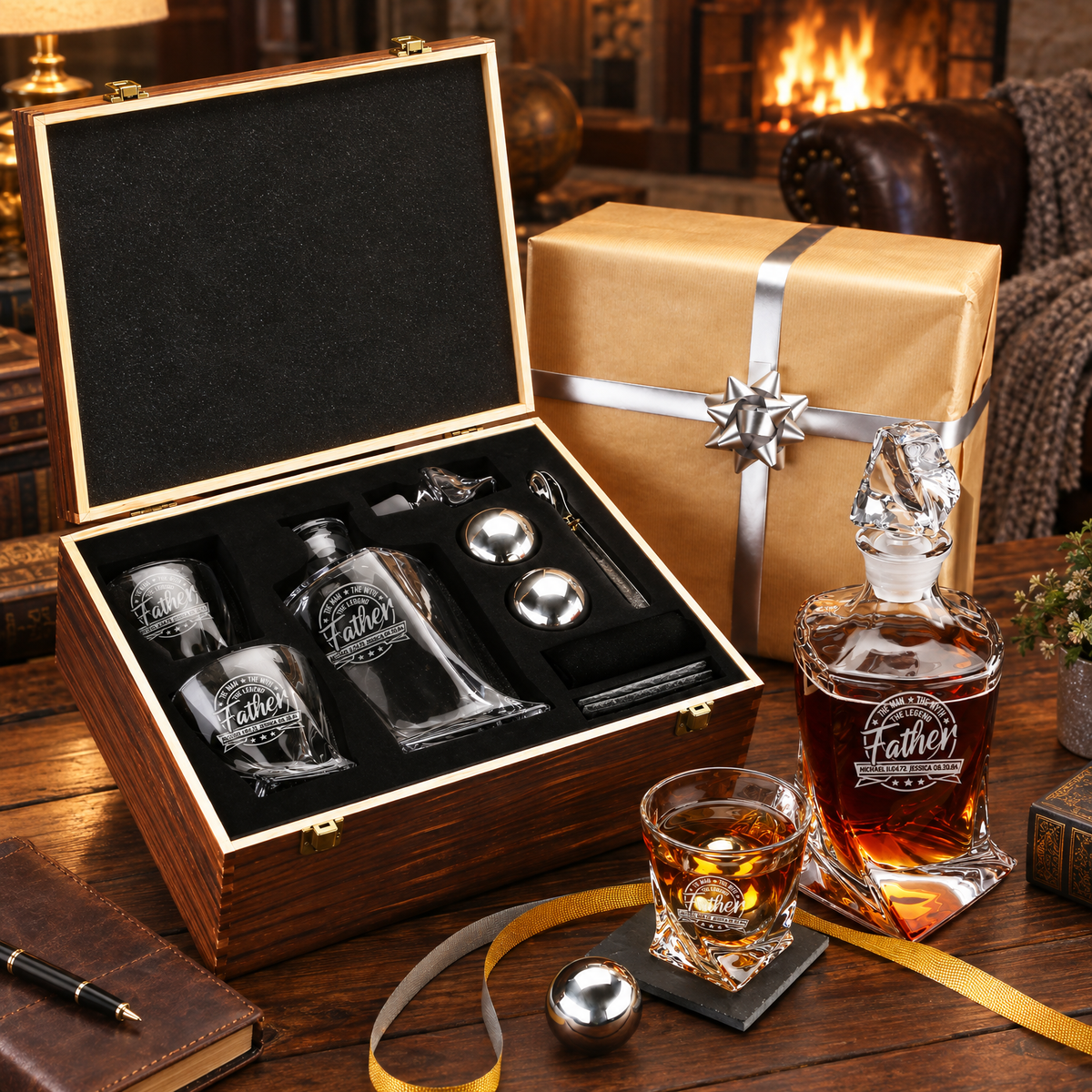 Gift for Father – Twisted Decanter Set with 2 Glasses, 2 Whiskey Balls & Wooden Box product image