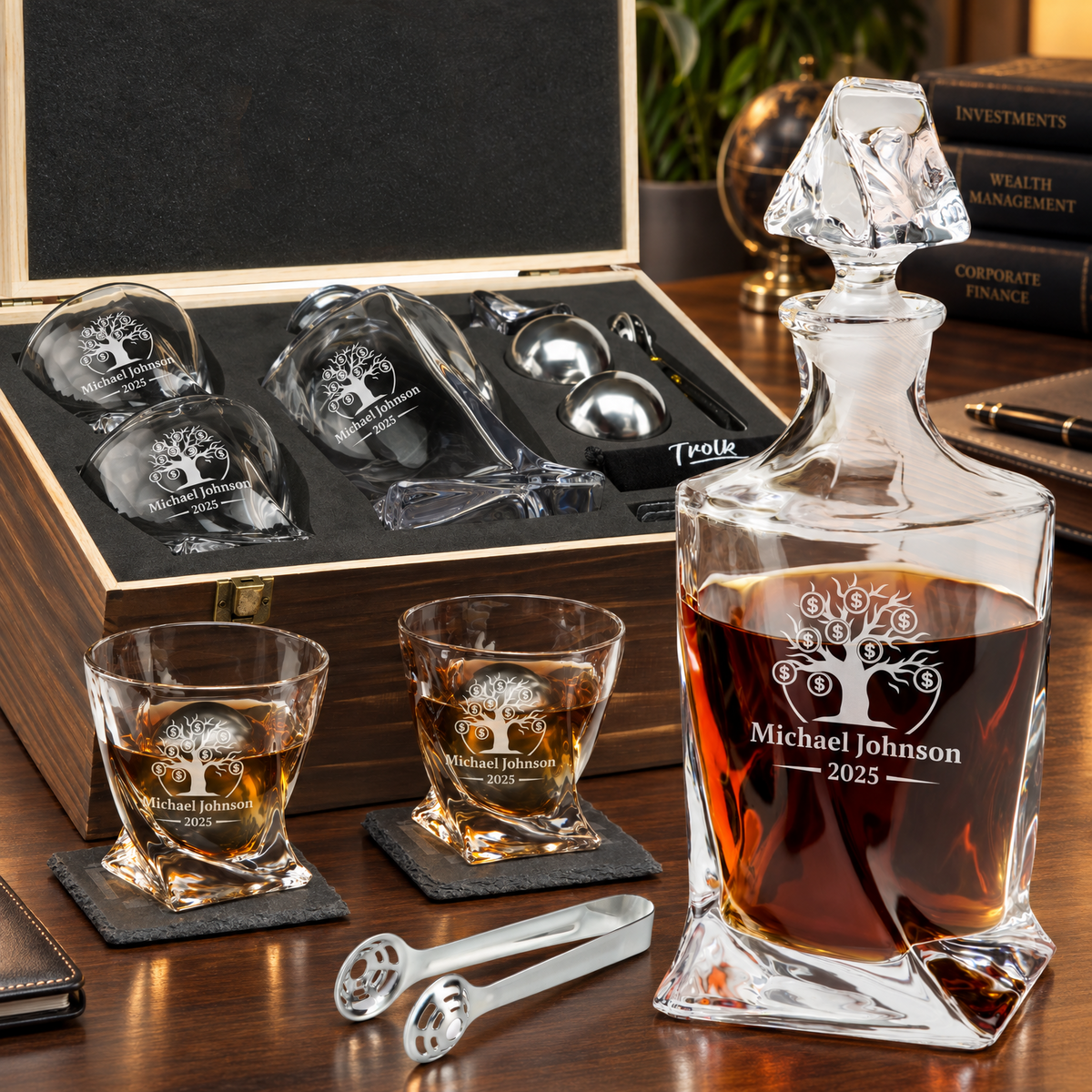 Finance Company Gifts – Twisted Decanter Set with 2 Glasses, 2 Whiskey Balls & Wooden Box – image 01