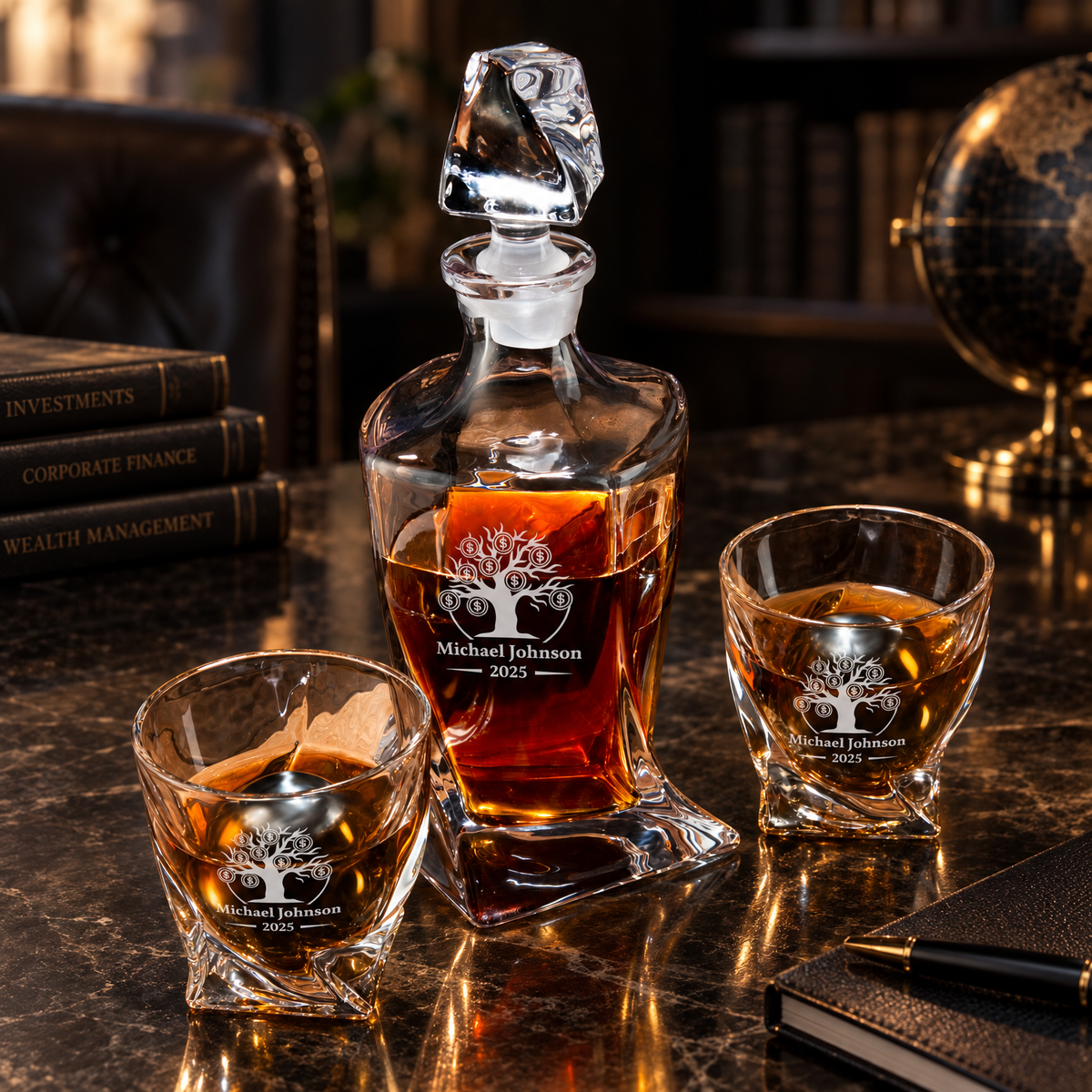 Finance Company Gifts – Twisted Decanter Set with 2 Glasses, 2 Whiskey Balls & Wooden Box – image 06