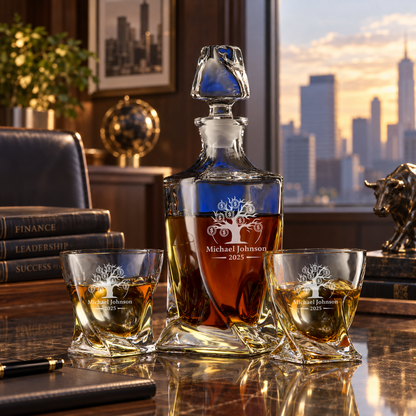 Finance Company Gifts – Twisted Decanter Set with 2 Glasses, 2 Whiskey Balls & Wooden Box – image 08