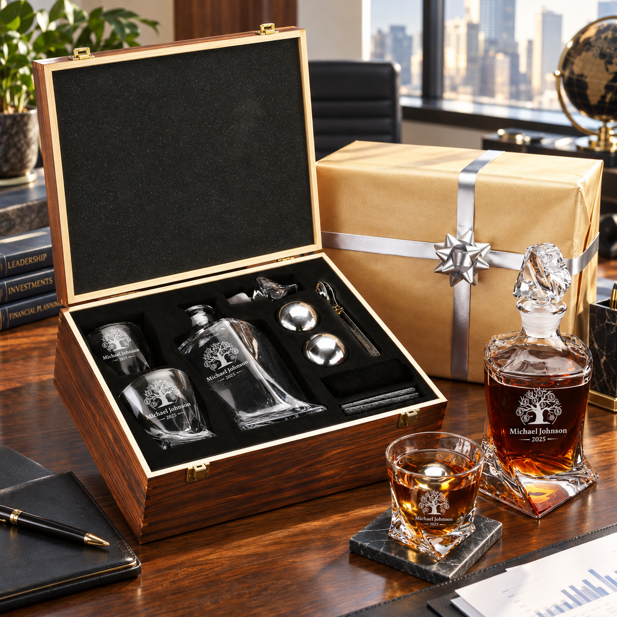 Finance Company Gifts – Twisted Decanter Set with 2 Glasses, 2 Whiskey Balls & Wooden Box – image 10