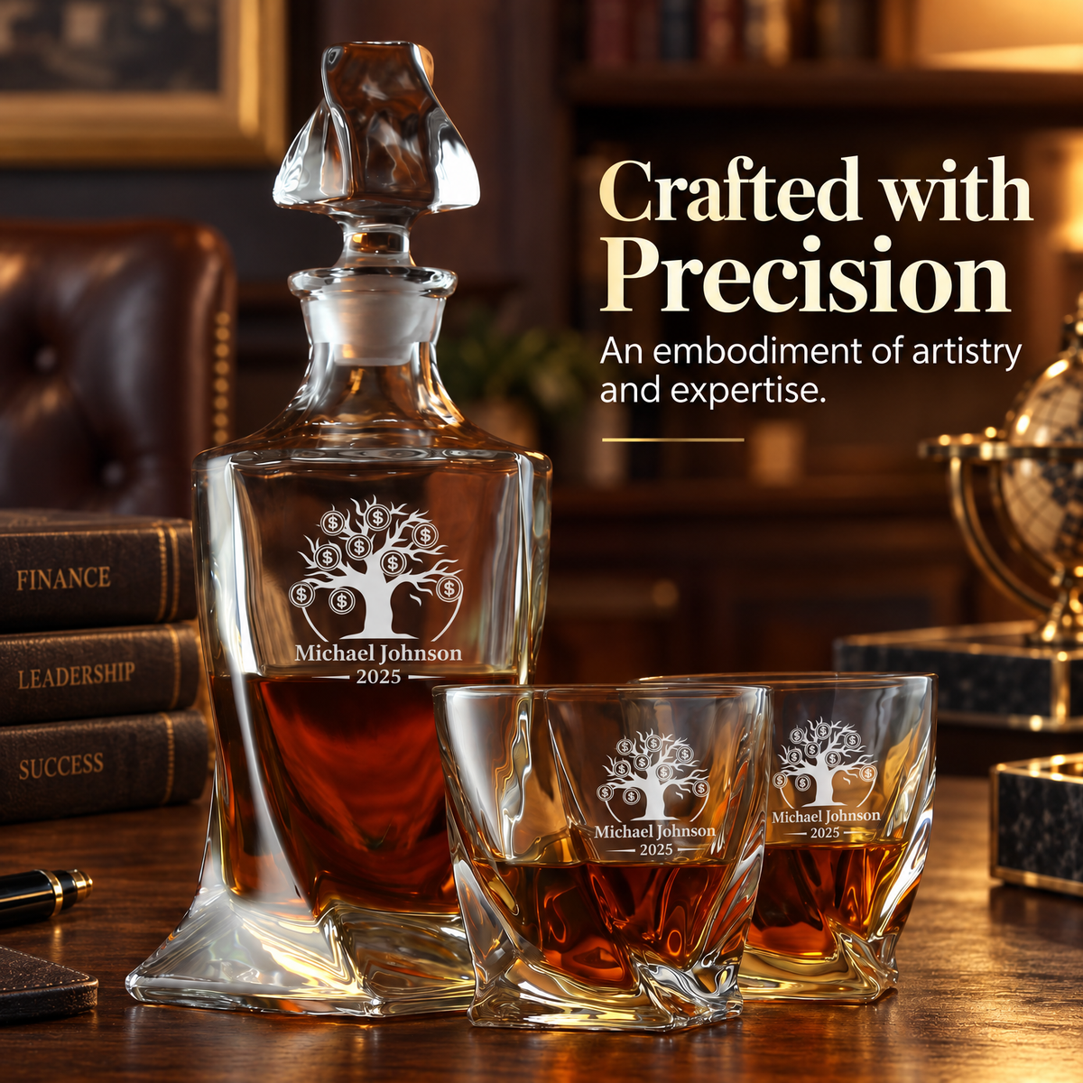Finance Company Gifts – Twisted Decanter Set with 2 Glasses, 2 Whiskey Balls & Wooden Box – image 12