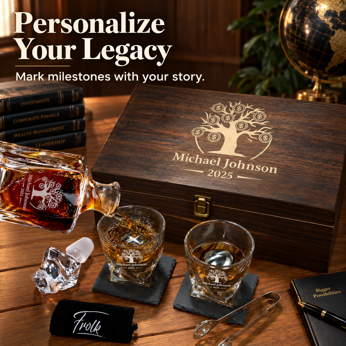 Finance Company Gifts – Twisted Decanter Set with 2 Glasses, 2 Whiskey Balls & Wooden Box product image