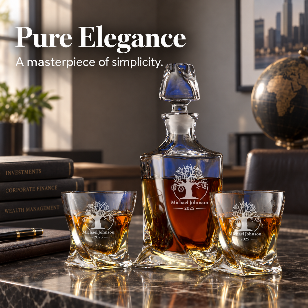 Finance Company Gifts – Twisted Decanter Set with 2 Glasses, 2 Whiskey Balls & Wooden Box product image