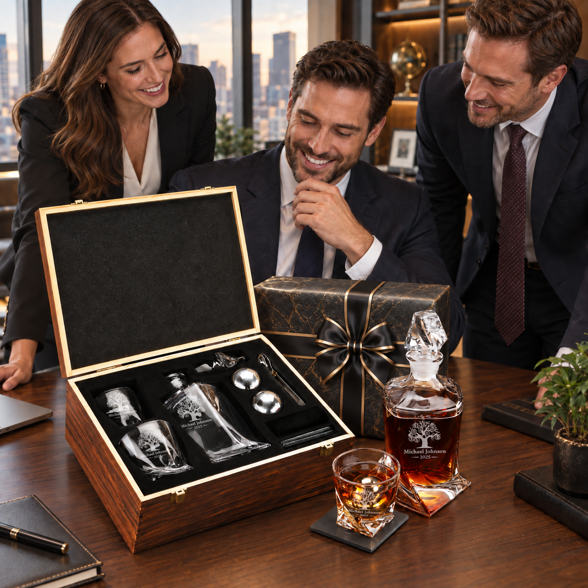 Finance Company Gifts – Twisted Decanter Set with 2 Glasses, 2 Whiskey Balls & Wooden Box – image 17