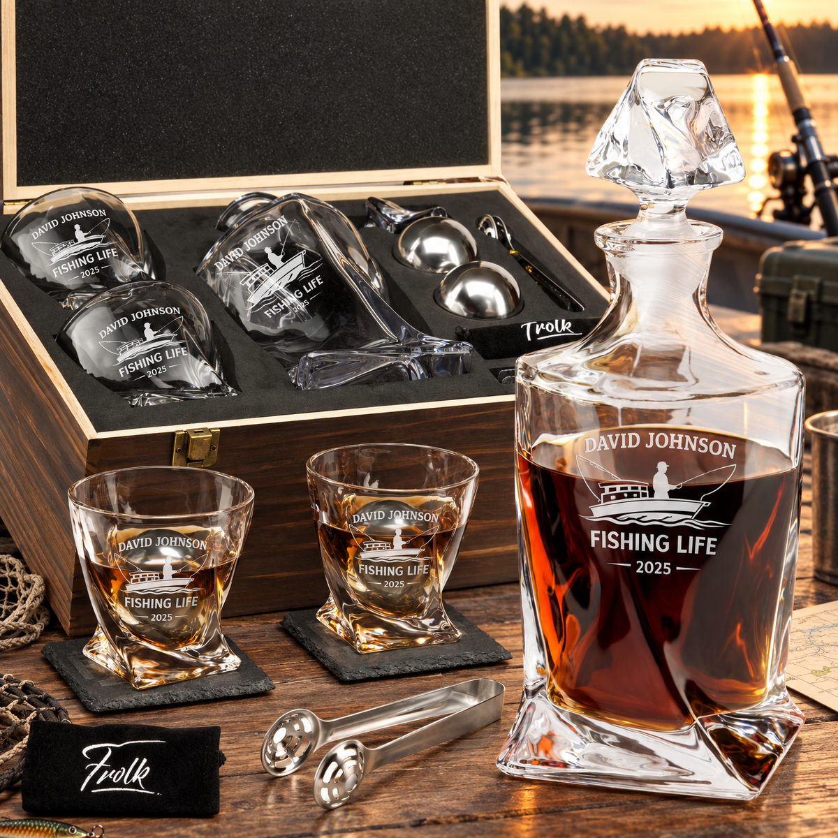 Gift for Fishermen – Twisted Decanter Set with 2 Glasses, 2 Whiskey Balls & Wooden Box product image