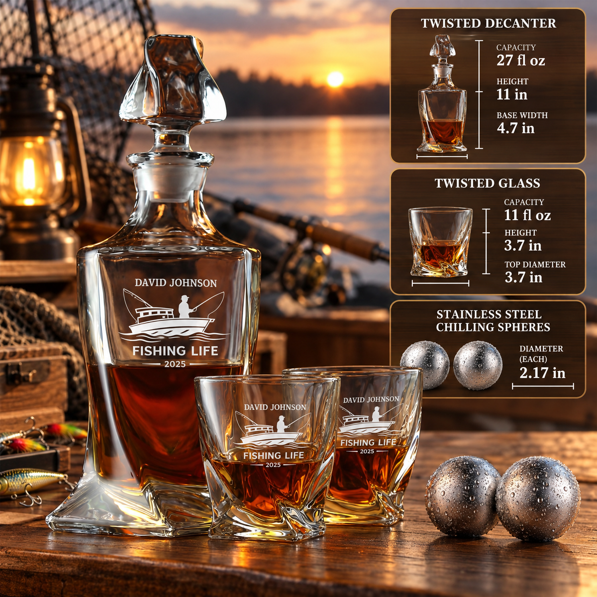 Gift for Fishermen – Twisted Decanter Set with 2 Glasses, 2 Whiskey Balls & Wooden Box – image 02