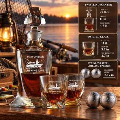 Gift for Fishermen – Twisted Decanter Set with 2 Glasses, 2 Whiskey Balls & Wooden Box – image 02