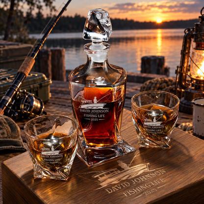Gift for Fishermen – Twisted Decanter Set with 2 Glasses, 2 Whiskey Balls & Wooden Box – image 06
