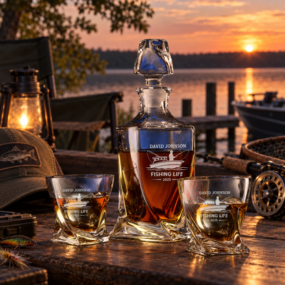 Gift for Fishermen – Twisted Decanter Set with 2 Glasses, 2 Whiskey Balls & Wooden Box – image 08