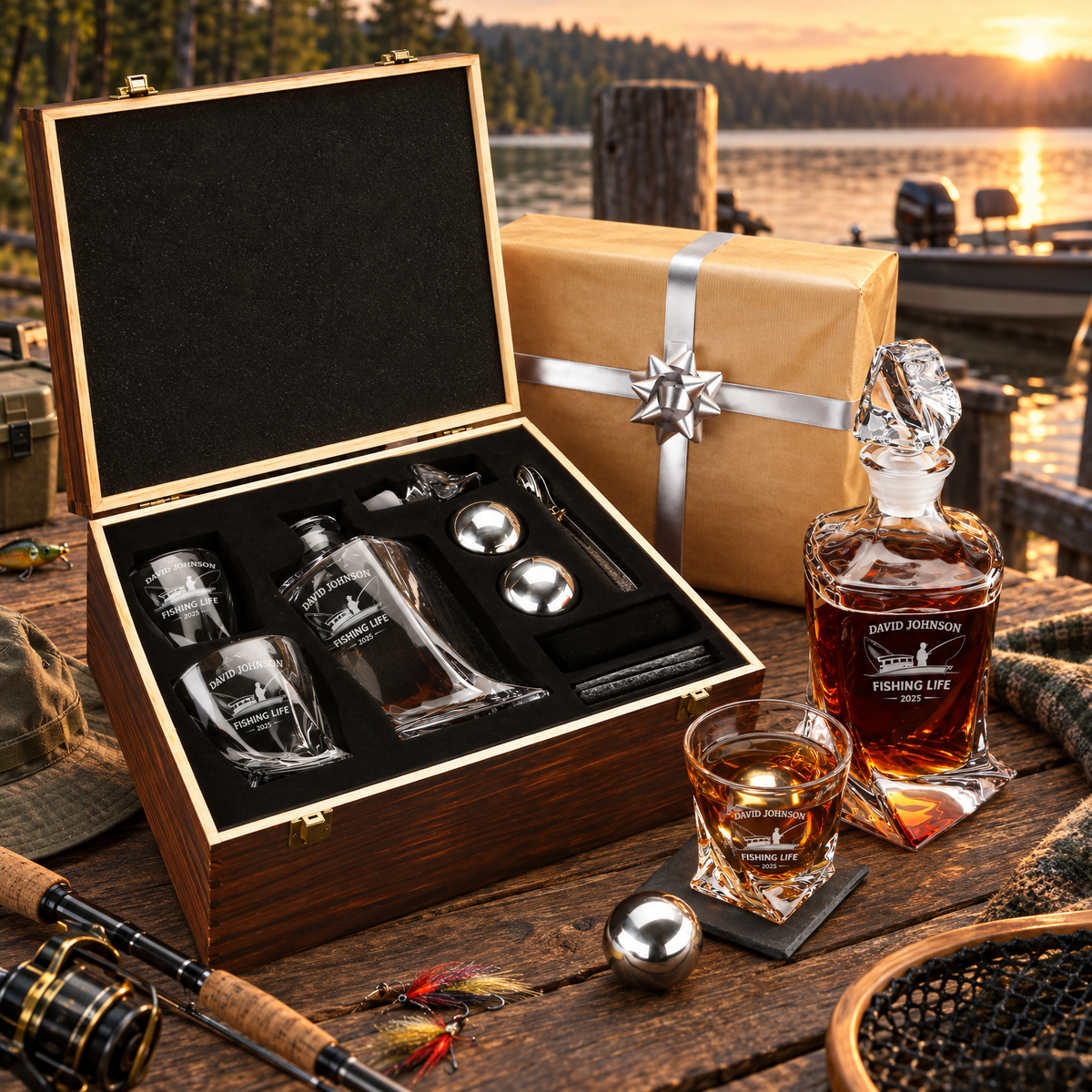 Gift for Fishermen – Twisted Decanter Set with 2 Glasses, 2 Whiskey Balls & Wooden Box product image
