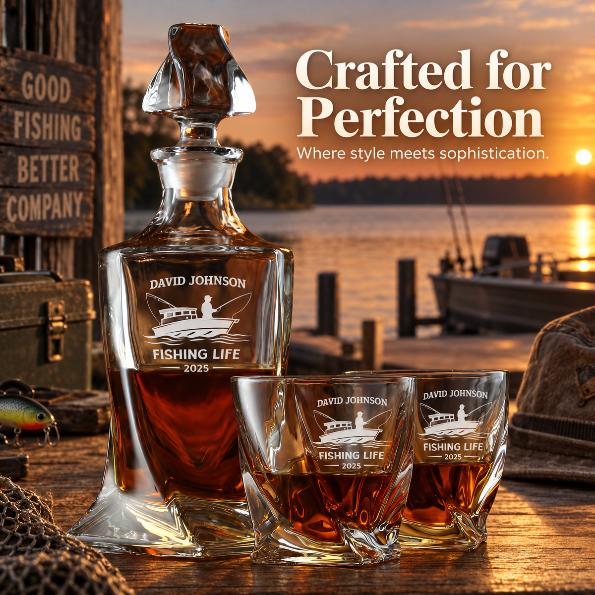 Gift for Fishermen – Twisted Decanter Set with 2 Glasses, 2 Whiskey Balls & Wooden Box product image